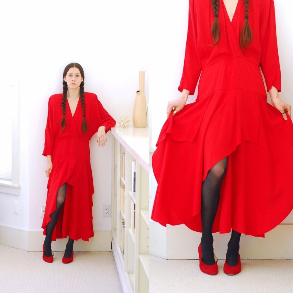 RED HOT! Deep V Vintage Dress- Vintage Boho Babe Bonanza!